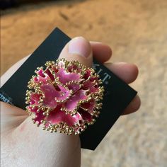 Pink And Gold Flower Adjustable Ring - Stretch Band To Fit Any Finger Spring Rose Gold Ring Jewelry, Rose Gold Ring For Spring, Spring Party Jewelry, Rose Gold Flower Rings For Party, Unique Pink Ring Jewelry, Pink Rings For Party, Feminine Pink Rings For Gift, Spring Rose Gold Flower Ring, Pink Rings Suitable For Spring Gift