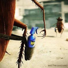 an animated image of a bug attacking a bottle of insect repellent on the ground