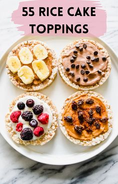 four desserts are arranged on a plate with chocolate, banana and raspberries