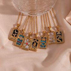 These stunning and colorful tarot card necklaces are as beautiful as they are magical. Wear them to manifest the meaning of each card. ﻿BUY 2 GET 1 FREE! Pendant Size: 19mm*11mm Material: 18K Gold Plated over Stainless Steel. Finished with anti-tarnish processing (allergic skin safe + nickel and lead-free). Does not tarnish. Tarot Card Necklace, Knight Of Cups, Card Necklace, Inner Guidance, Amulet Necklace, Tarot Readings, Celestial Jewelry, The Empress, Mode Inspo