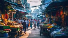 people are walking through an outdoor market area