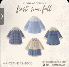 three baby clothes with snowflakes on them and the words, clothing designs first snowball