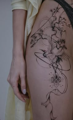 a woman's thigh with flowers and swirls on it