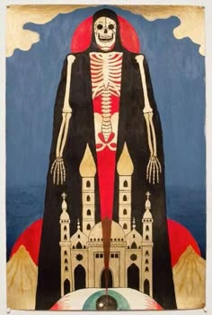 a painting of a skeleton standing in front of a castle with an eye on it