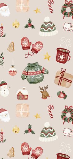 christmas wallpaper with santa hats, mittens and other holiday related items on it