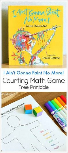 a book and some crayons sitting on top of a table with the title, i'm not going to paint no more counting math game free printable