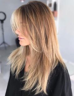 Long Caramel Balayage Shag Hairstyle Long Fine Shag Haircut, Long Hair Growing Out Bangs, Long Natural Layers, Long Straight Shaggy Hair, Middle Part Side Swept Bangs, Medium Length Layered Haircuts Straight, 2023 Hair Trends For Women Highlights, 2023 Hair Trends For Women Straight Hair, Butterfly Haircut Long Fine Hair