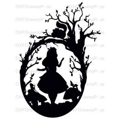 a silhouette of a girl in a tree with birds