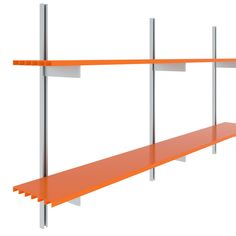 an orange shelf with two white shelves on each side