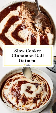 slow cooker cinnamon roll oatmeal in a white bowl with spoons