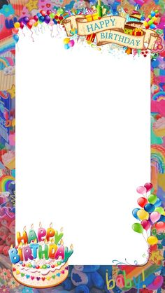 an image of a birthday card with balloons and cake on it's side, surrounded by confetti and streamers