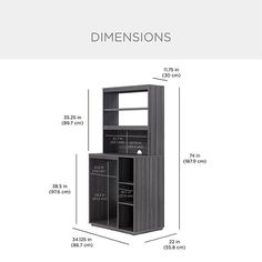 the measurements for a tall bookcase with doors and shelves on each side are shown