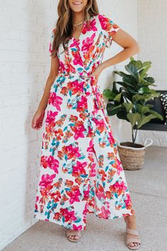 This maxi dress is sweet and graceful with a blooming floral pattern throughout Elegant wrap v neck. short sleeves. long length with matching belt The well-cut split shows off a pair of sexy long legs This short sleeve long dress is... Rose Colored Dress, Short Sleeve Long Dress, Sleeve Long Dress, Belted Wrap Dress, Short Sleeve Maxi Dresses, Long Sleeve Short Dress, Women Maxi, Floral Short