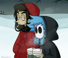 two cartoon characters standing in the snow with one holding a cup and another looking at something