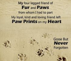 two paw prints in the sand with a poem written on it that says, my four legged friend of fur and paws from whom i had to part