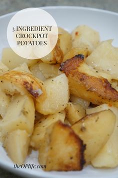 a white plate topped with potatoes covered in gravy and text overlay reads 3 ingredient crockpot potatoes