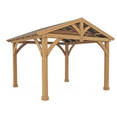 a wooden gazebo is shown with the roof open and it's shinning