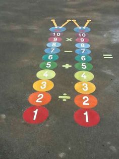 a number line painted on the ground with numbers in each row and two to three