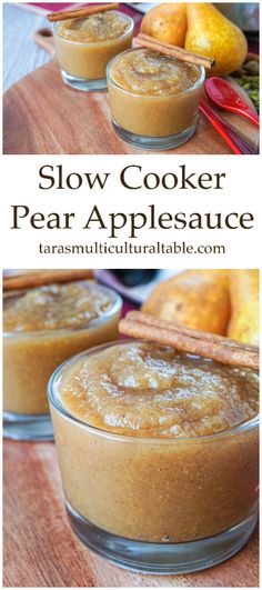 Slow Cooker Pear Applesauce in two glass bowls with cinnamon sticks. Slow Cooker Pear Recipes, Asian Pear Applesauce, Pear Apple Sauce Crockpot, Pear And Apple Sauce Crock Pot, Pear Applesauce Crockpot, Crock Pot Pear Sauce, Apple Pear Sauce Slow Cooker, Pear Apple Sauce Recipes, Pear Sauce Crockpot