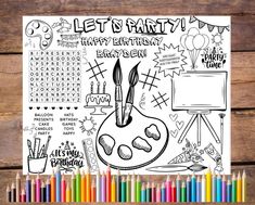 a coloring page with the words happy birthday and an artist's palette on it