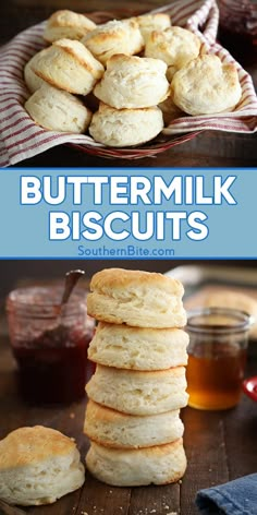 buttermilk biscuits stacked on top of each other with honey in the background and text overlay