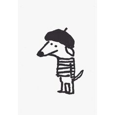 a black and white drawing of a dog wearing a striped shirt with a hat on it's head