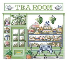 a cross stitch pattern with the words tea room and an image of a store front