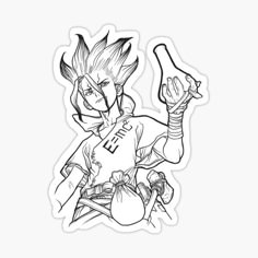 a black and white drawing of an anime character holding a bottle of wine sticker