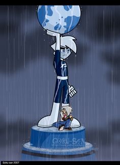 an image of a cartoon character holding the earth on top of a blue and white pedestal