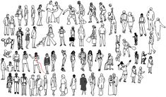 a group of people standing next to each other in different positions and sizes, all drawn by hand