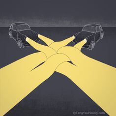 two hands holding cars over a black and yellow background with the words, you can't drive