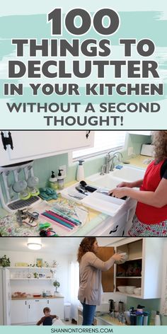 a woman is standing in the kitchen with her hands on the counter top and another person working