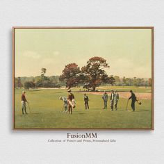 a painting of people playing golf on a green field with trees in the back ground