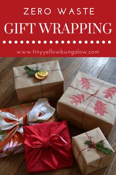 presents wrapped in brown paper and tied with red ribbon on the floor, text overlay reads zero waste gift wrapping