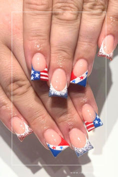 Get ready to show your patriotic pride with these stunning French tip American flag nails! Create a fashionable and festive manicure that will surely turn heads at any Independence Day celebration or simply add a touch of flair to your everyday look. Join us in spreading love for the red, white, and blue through your fabulous nail art! 🇺🇸💅 Festive Manicure, Holiday Nail Art, Glitter Stars