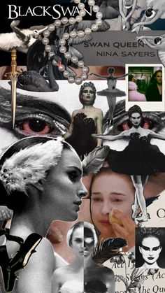 a collage of black and white images with women's faces, feathers, and other things