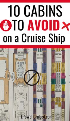 the words 10 cabins to avoid on a cruise ship are shown in red and white