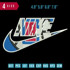 the nike logo is shown in blue, red and white on a black background with text below it