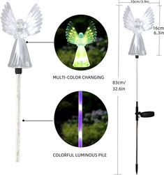 an angel light is shown with measurements for the size and color options to choose from