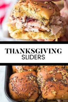 Two image collage of thanksgiving sliders. First image is a hand holding a slider. Second image is a pan of sliders. Baked Turkey Sandwiches, Thanksgiving Sliders, Turkey Sandwich Thanksgiving, Stuffing Cranberry, Turkey Sliders, Holiday Leftovers