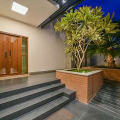 an indoor area with stairs, potted plants and trees