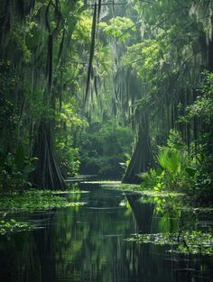 a river surrounded by lush green trees and plants