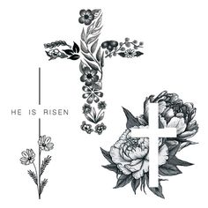 a cross with flowers and leaves on it, next to the words he is risen