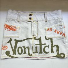 Vintage Von Dutch Mini Skirt Size Xs - Absolutely Stunning - Great Condition Worn Once - Yellow And Red Stitching On White White Graphic Print Skirt For Summer, Von Dutch Skirt, Cargo Mini Skirt, Von Dutch, Mini Skirt, Womens Skirt, Girl Outfits, Stitching, Mini Skirts