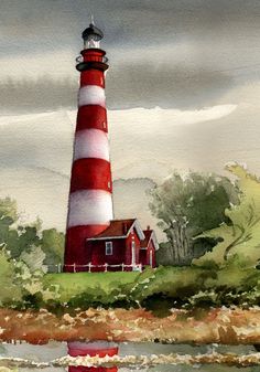 a painting of a red and white lighthouse