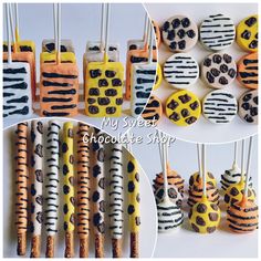 several different pictures of candy pops with chocolate and zebra print on them, one is made out of marshmallows