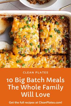 a casserole dish with meat and cheese on top is featured in this clean plate meal guide