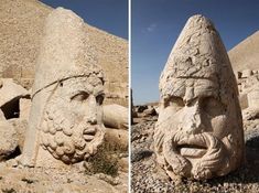 two pictures of an ancient statue in the desert, one with a man's head on it