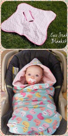 a baby in a car seat with a blanket on it and an infant's sleeping bag