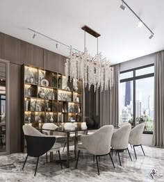 an elegant dining room with chandelier and glass shelves on the wall, along with white upholstered chairs